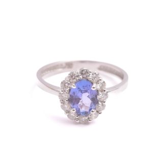 RING VITRODIERAT RÖDGULD M 12 BRILJANT-SLIPADE DIAMANTER TOT. 0,53CT & TANZANIT 1,15CT ENLIGT INTYG, 18,5MM (STÄMPLAD 750 FÖR 18K MEN HÅLLER BARA 14K) TILLV. TURKIET, INTYG MEDFÖLJER