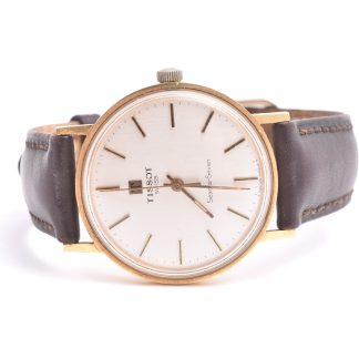 HERRUR TISSOT SEASTAR SEVEN MEKANISK 33,5MM, 18K I BOETTEN, NAMN-GRAVYR PÅ BAKBOETTEN (REPIGT GLAS, REPOR PÅ GULDET, LÄDERBANDET SLITET & EJ ORIGINAL)