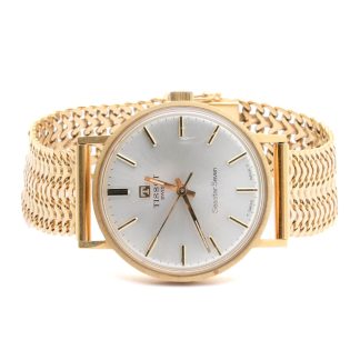 HERRUR TISSOT SEASTAR SEVEN ø 33,5MM, MEKANISK, MED FISKBENSLÄNK TILLV. I GÖTEBORG, 19CM - BOETT OCH LÄNK I 18K GULD, OBS! GRAVYR PÅ BAKSIDAN OCH REPA PÅ GLAS - TOTALVIKT: 59,4G