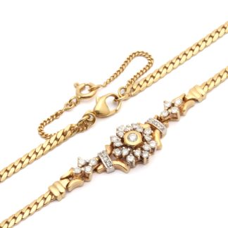 HALSKEDJA / COLLIER MED SÄKERHETSKEDJA OCH DIAMANTER TOT. CA: 0,30CT, 43,5CM, BREDD: 2-10MM - SVENSK KONTROLLSTÄMPEL