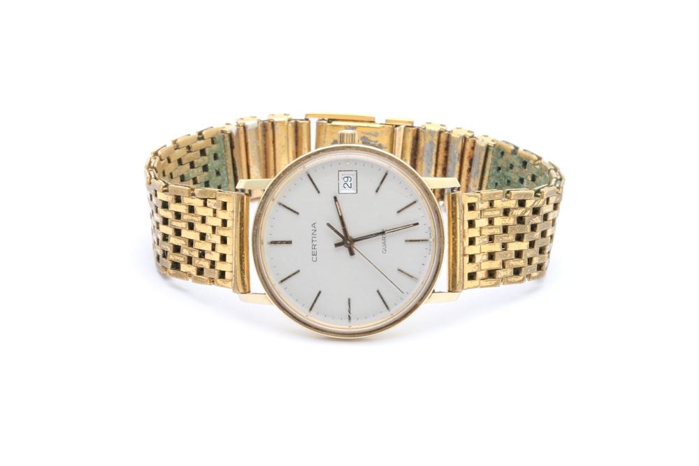 DEFEKT HERRUR CERTINA ø 33,5MM, LÄNK I GULDFÄRGAD METALL, 14K GULD I BOETTEN – OBS! REPOR NAGG OCH BUCKLOR – TOTALVIKT: 54,8G