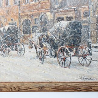 OLJA PÅ DUK STADSMILJÖ MED HÄSTKÄRROR I SNÖ SIGN JAN PAWLOWSKI 85 ,100CMX73CM