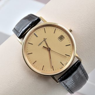 HERRUR CERTINA QUARTZ. 18K I BOETT. 33MM GRAVYR. BATTERI SLUT