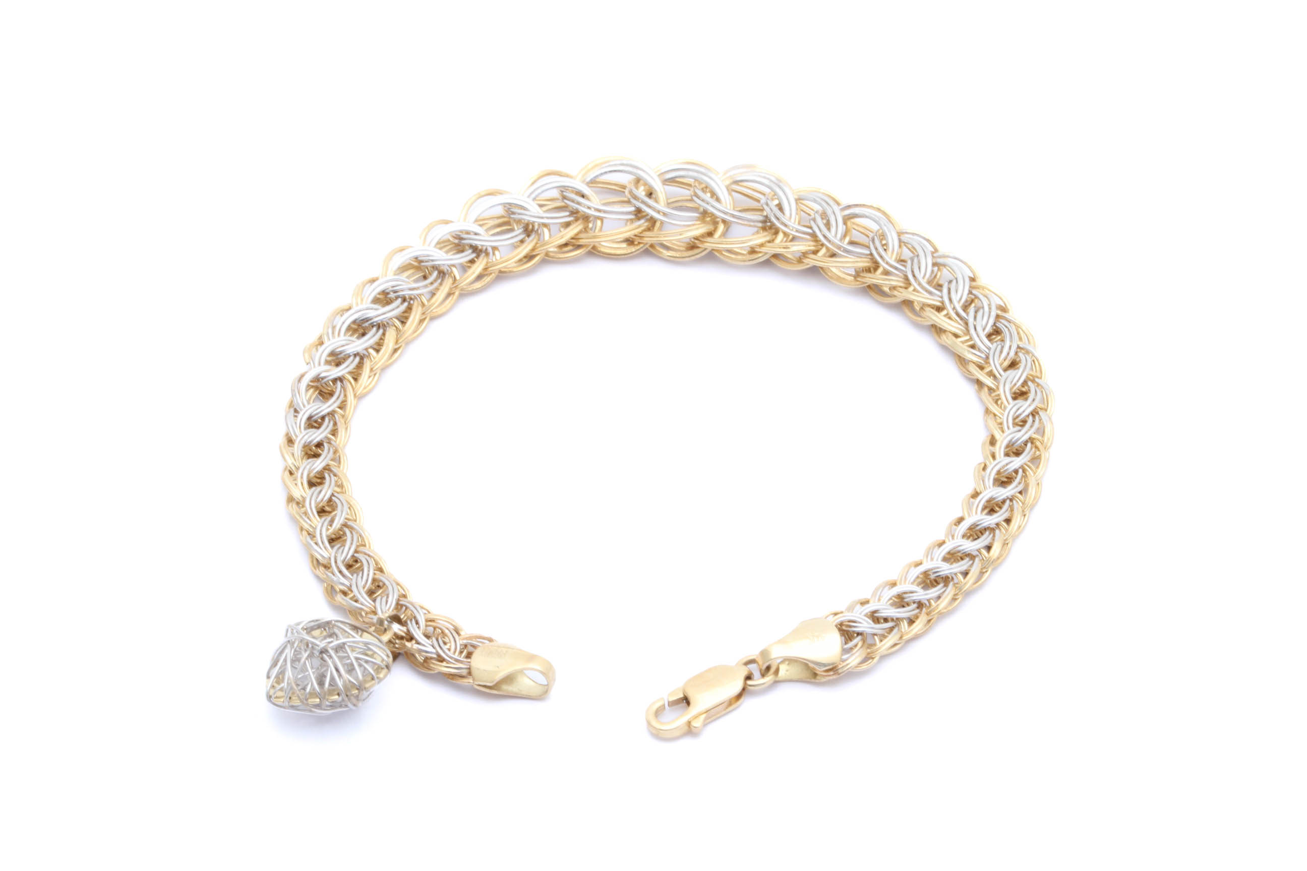 ARMBAND I TVÅ-FÄRGAT GULD, FLÄTAD MODELL MED BERLOCK HJÄRTA, 20,5CM, DOSERAD: 7-12MM, MÅTT PÅ HJÄRTAT: 19x14MM – TILLV. TURKIET - Bild 2
