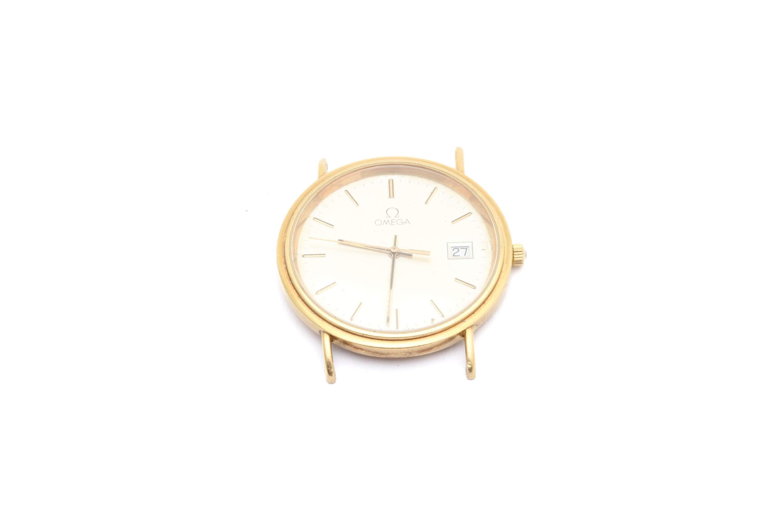 DEFEKT HERRUR OMEGA, GRAVYR PÅ BAKSIDA, DATUM, ø 32,5MM – 18K GULD I BOETTEN – TOTALVIKT: