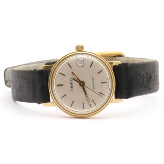 DAMUR TISSOT SEASTAR QUARTZ ø 22MM, MED DATUM - 18K GULD I BOETTEN MED LÄDERLÄNK - OBS! GRAVYR PÅ BAKSIDA BOETT, SLITEN LÄNK - BATTERI SLUT
