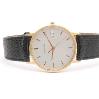 HERRUR CERTINA ø 33MM, QUARTZ MED LÄDERBAND - 14K GULD I BOETT, I ORIGINAL ETUI - OBS! BATTERI SLUT - TOTALVIKT: 27,8G