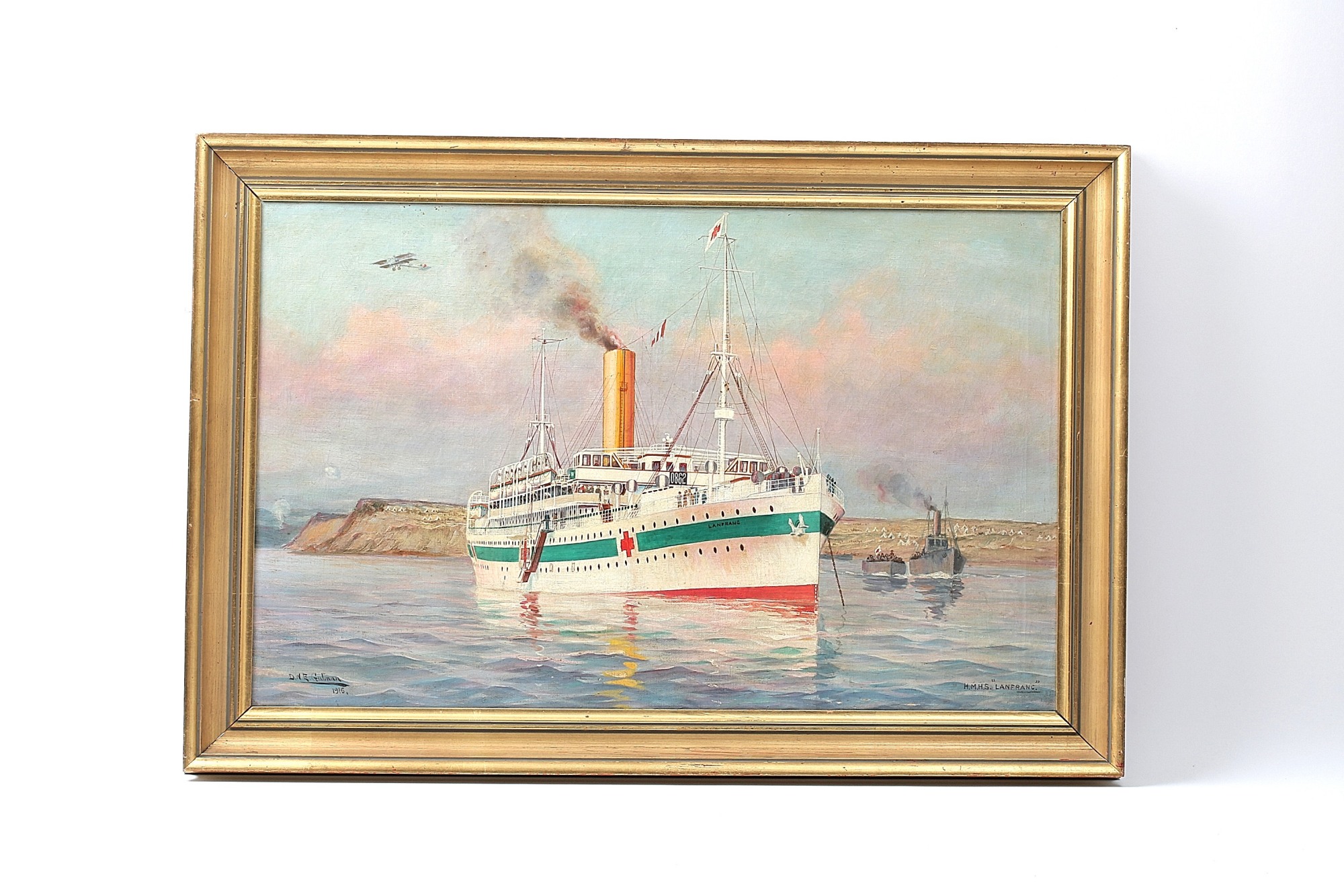 OLJEMÅLNING SIGNERAD DWE GUTMAN 1916 HMHS LANFRAC 62x40CM. DENNA VARA SKICKAS EJ