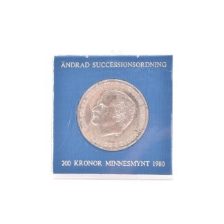 MINNESMYNT SILVER 200:- SVERIGE 1980 "ÄNDRAD SUCCESSIONSORDNING" I ORIG PLAST-ETUI