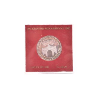 MINNESMYNT SILVER 100:- SVERIGE 1983 "HELGEANDSHOLMEN" I ORIG PLAST-ETUI