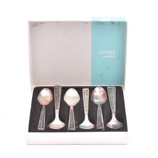 13 KAFFESKEDAR SILVER, MODELL: JUVEL, 111MM, NORSKA STÄMPLAR, I ORIG KART
