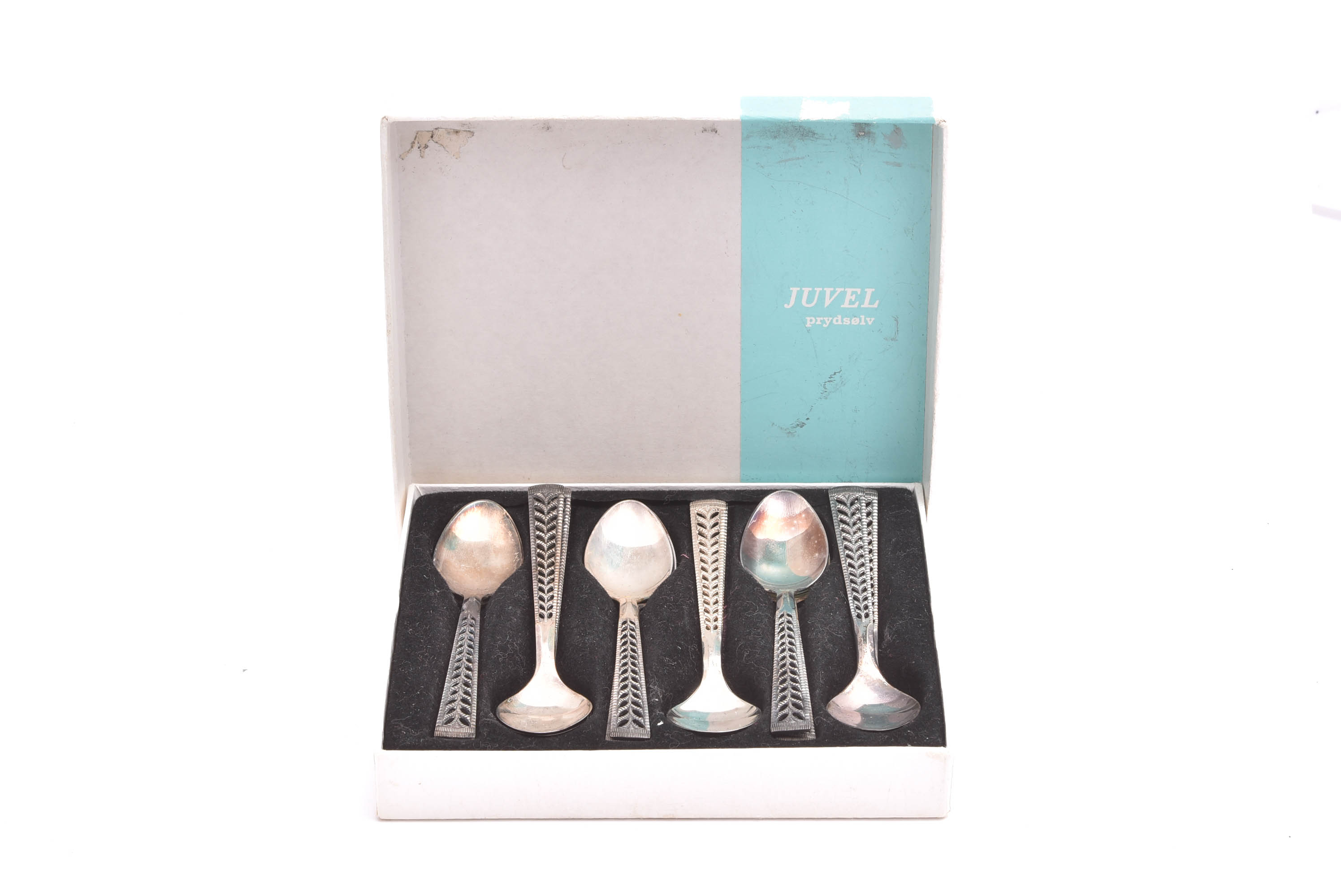 13 KAFFESKEDAR SILVER, MODELL: JUVEL, 111MM, NORSKA STÄMPLAR, I ORIG KART