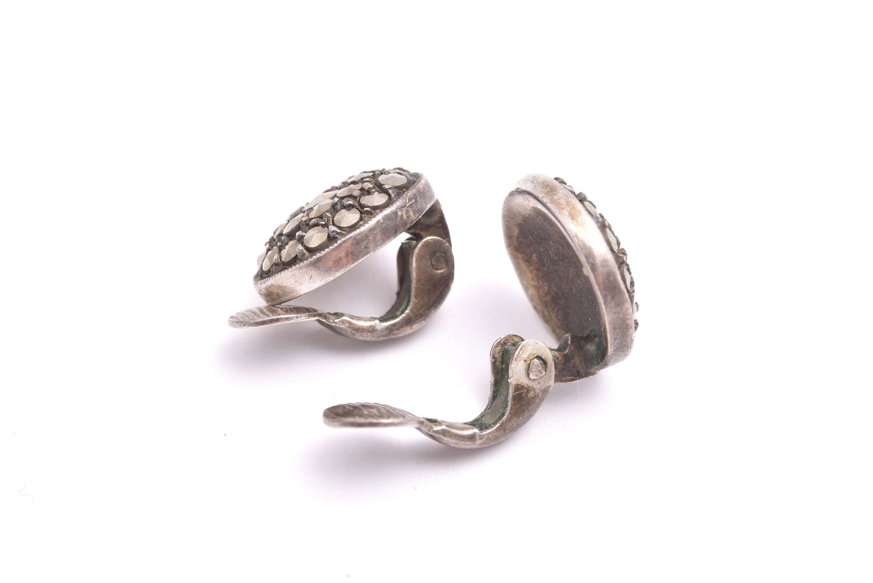 PAR ÖRHÄNGEN SILVER M MARKASITER, CLIPS, 1,2CM, SVENSK IMPORT-STÄMPEL - Bild 2
