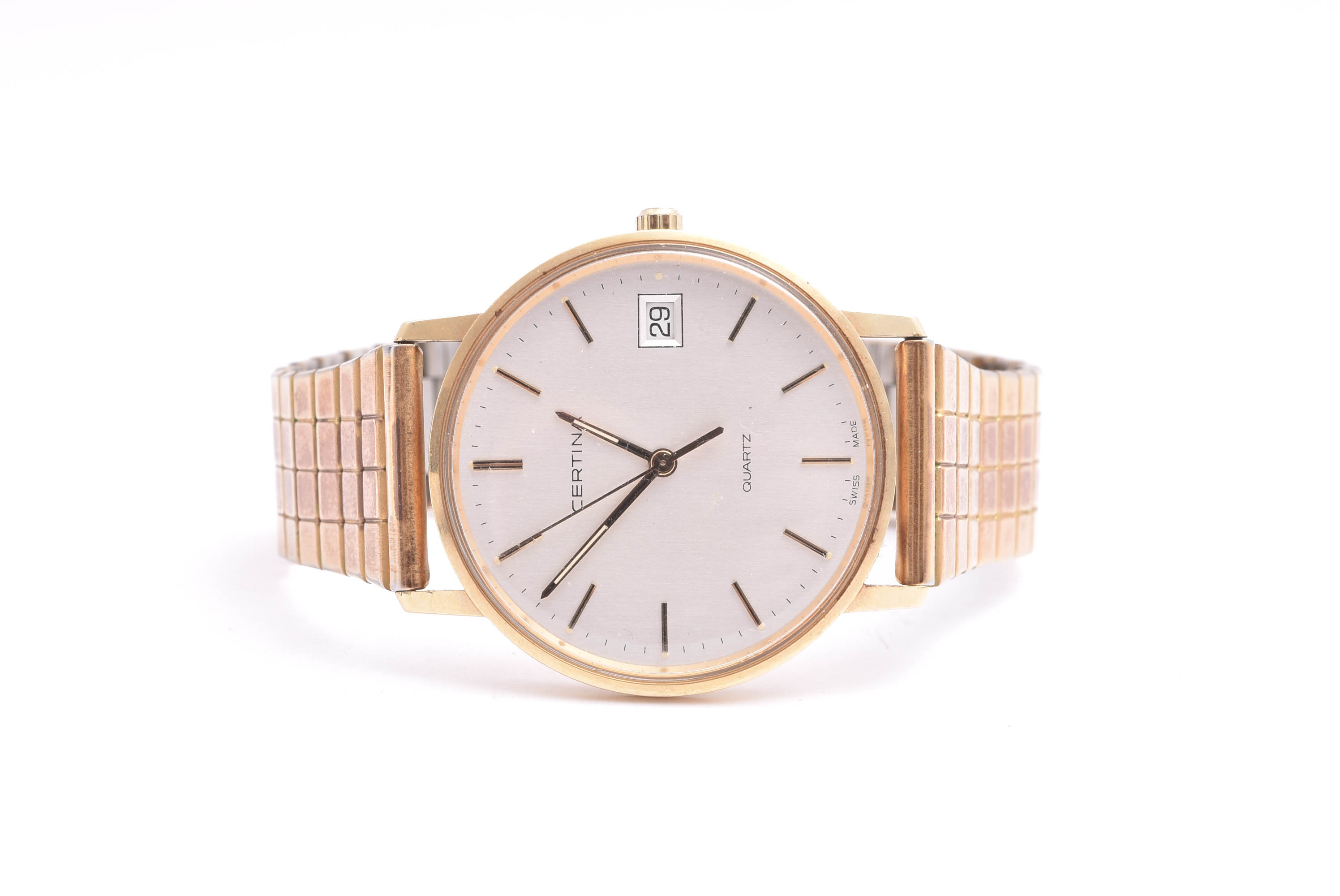 HERRUR CERTINA Q 33,5MM, 14K I BOETTEN (BATTERI SLUT, FLÄCKAR PÅ URTAVLAN, REPIGT GLAS) M ARMLÄNK I FÖRGYLLD METALL