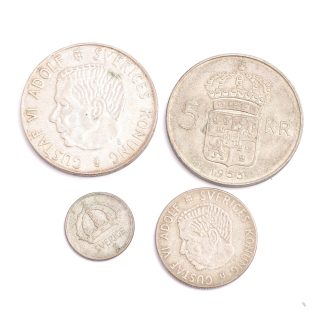 4 MYNT SILVER 40%, SVERIGE (2 FEM-KRONOR 1955, EN KRONA 1962, 25 ÖRE 1950)