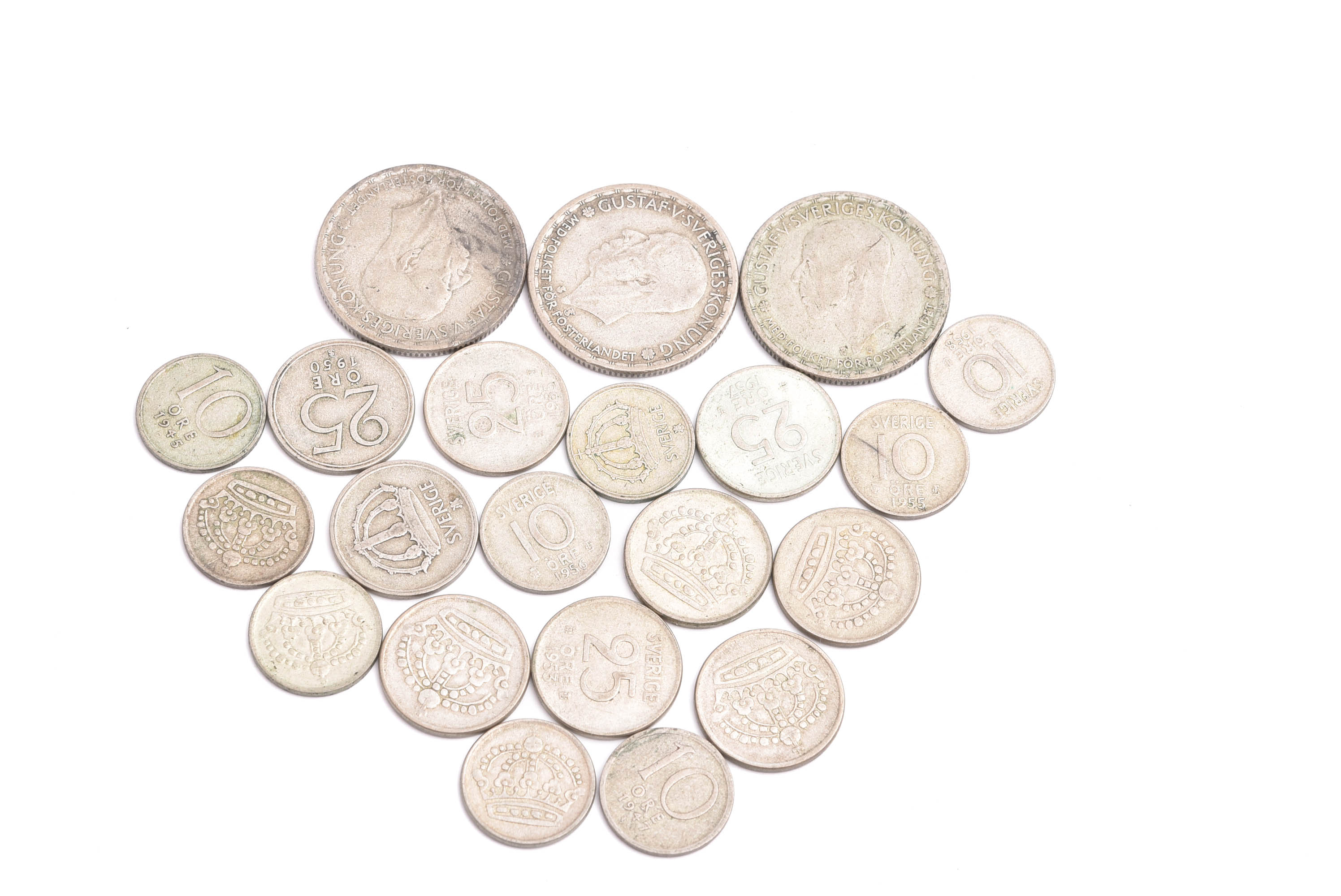 21 MYNT SILVER 40% SVERIGE (3 EN-KRONOR, 9ST 25 ÖRE, 9ST 10 ÖRE)