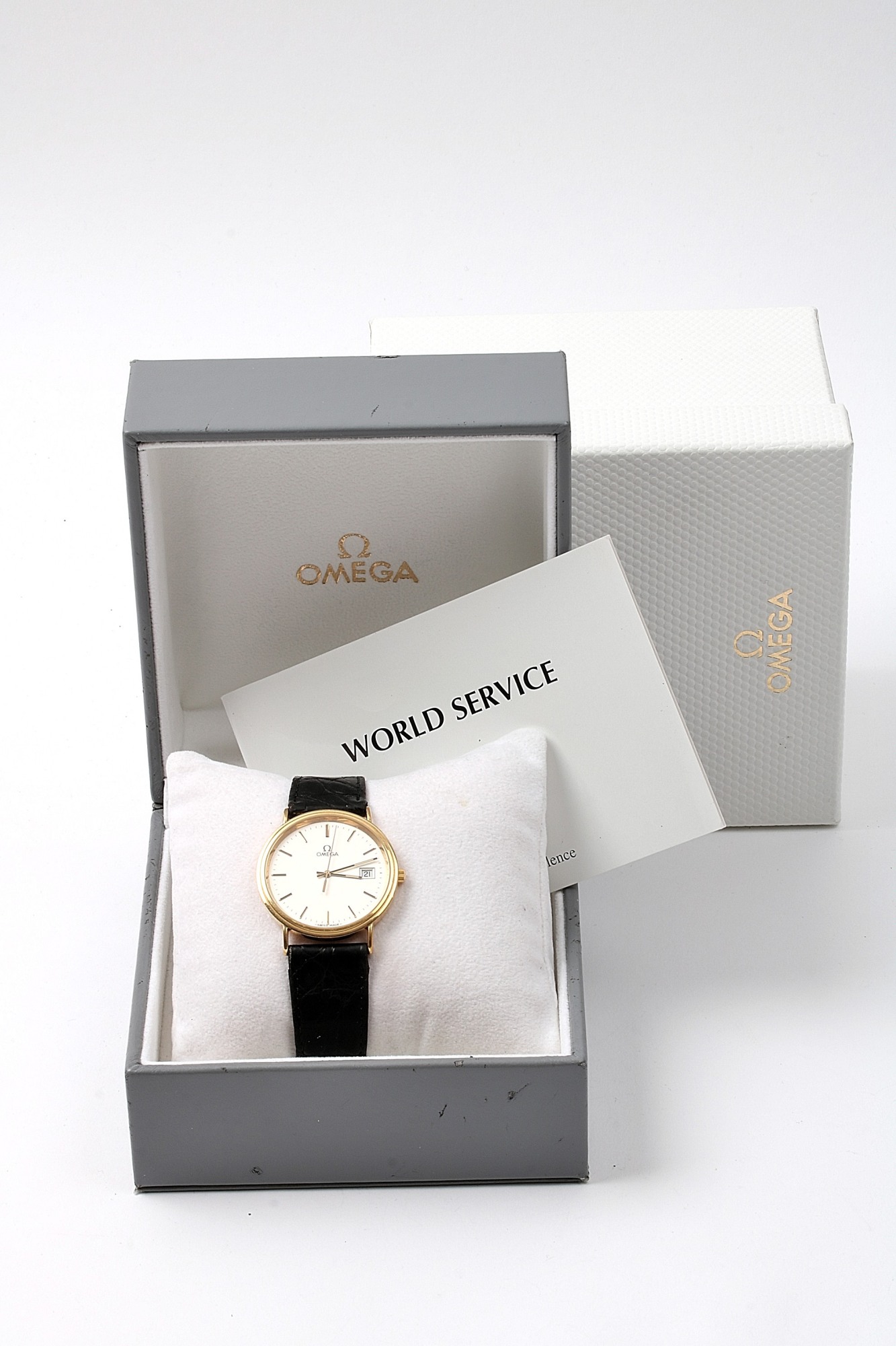 HERRUR OMEGA QUARTZ. 32MM. 18K I UR. ORIGNAL.KRT. GRAVYR BOETT - Bild 3