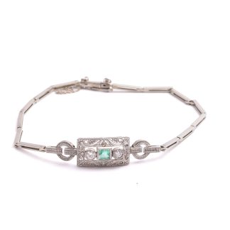 ARMLÄNK VITGULD M 6 DIAMANTER (ÄLDRE SLIPNING) & SMARAGD, 18,5CM, SVENSK IMPORT-STÄMPEL