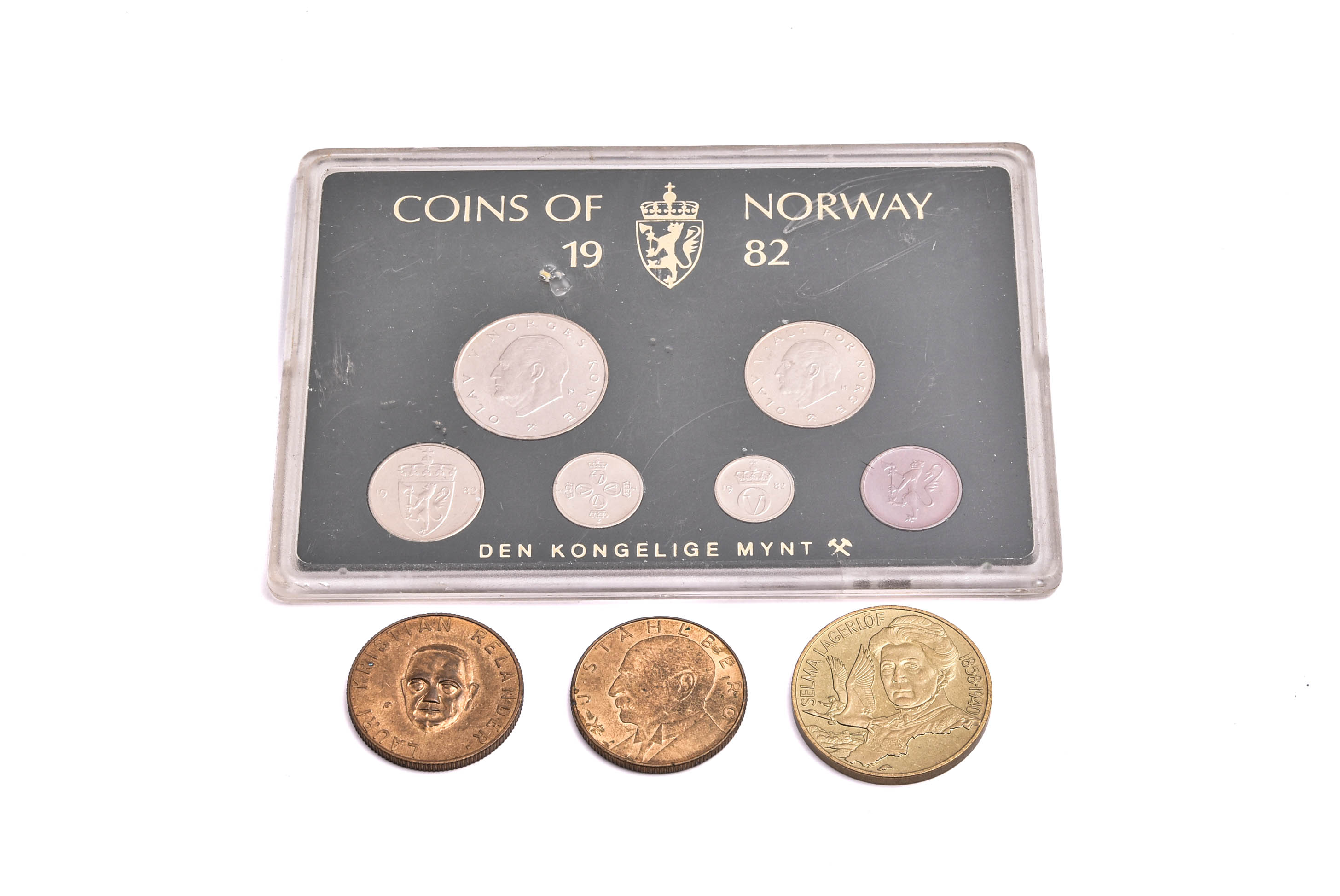 MINNESMYNT SELMA LAGERLÖF SVERIGE 1996, 2 MINNESMYNT FINLAND 1960-61, MYNTSET M 6 MYNT NORGE 1982
