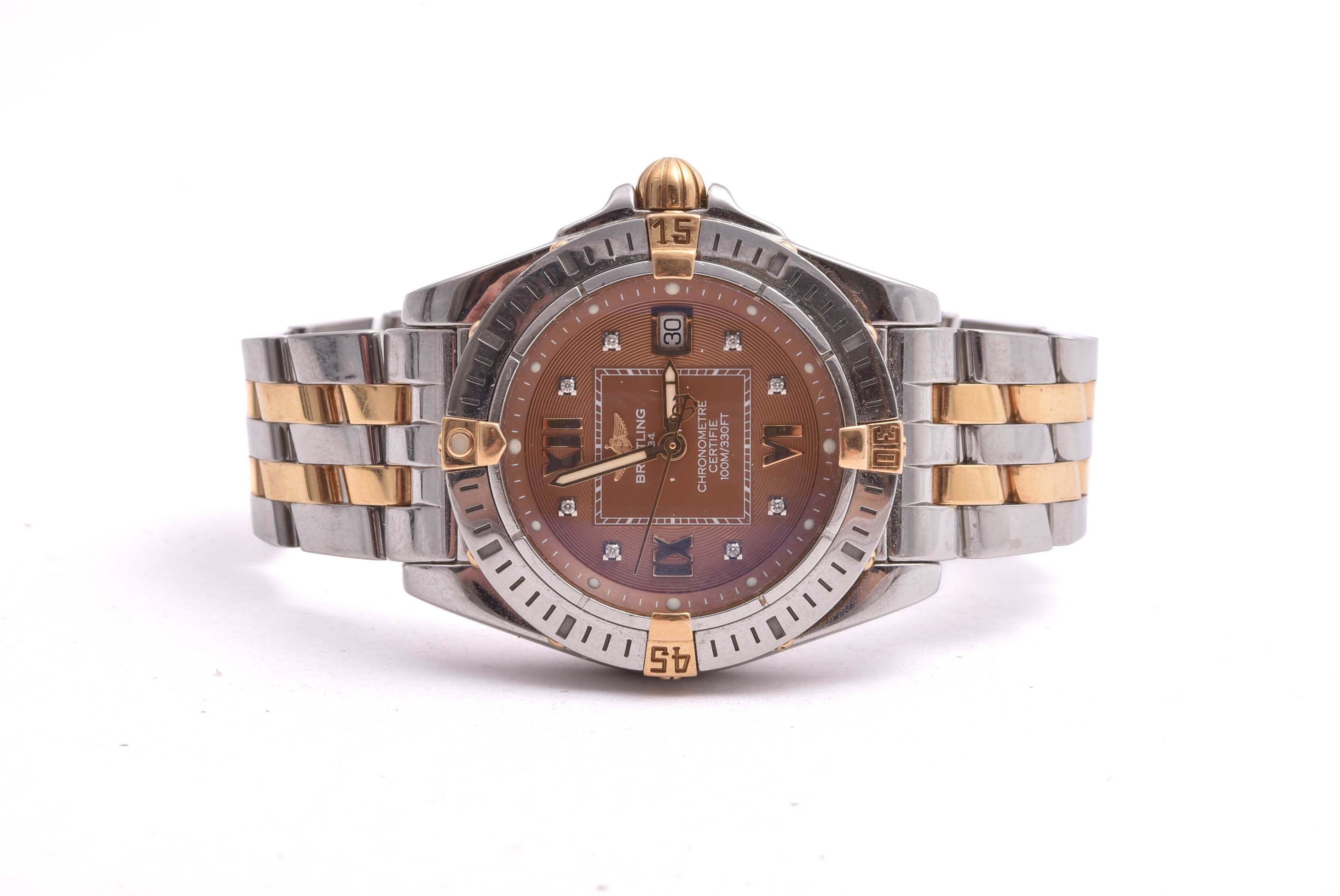 DAMUR BREITLING COCKPIT LADY CHRONOMETRE 100M Q 32MM, MODELL: B71356, 18K & STÅL M DIAMANTER I INDEX (CERT & ETUI SAKNAS)