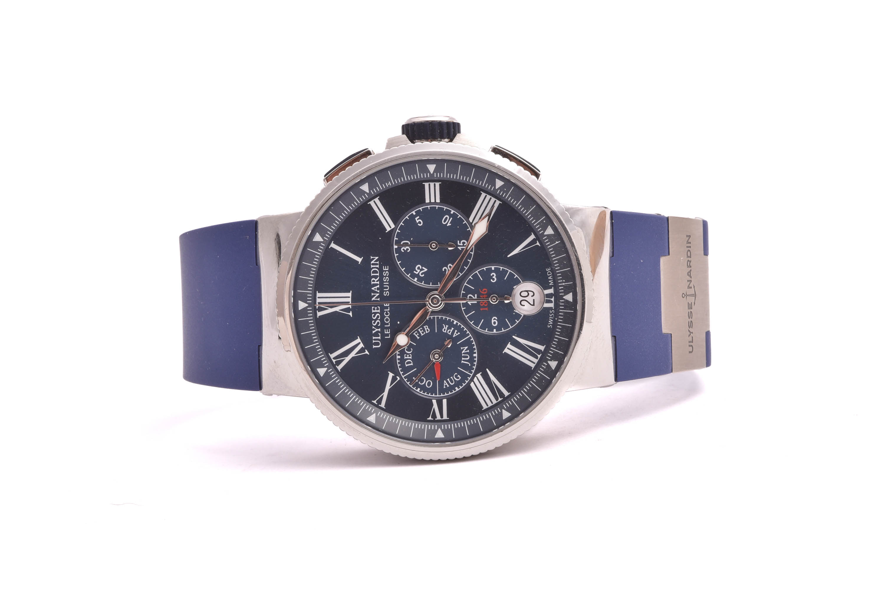 HERRUR ULYSSE NARDIN MARINE CHRONOGRAPH AUTOMATIC 43MM, MODELL: 1533-150/43 M CERT 2023 & KVITTO 10600 EURO (REK. 13700 EURO) I ORIG ETUI & YTTERLÅDA