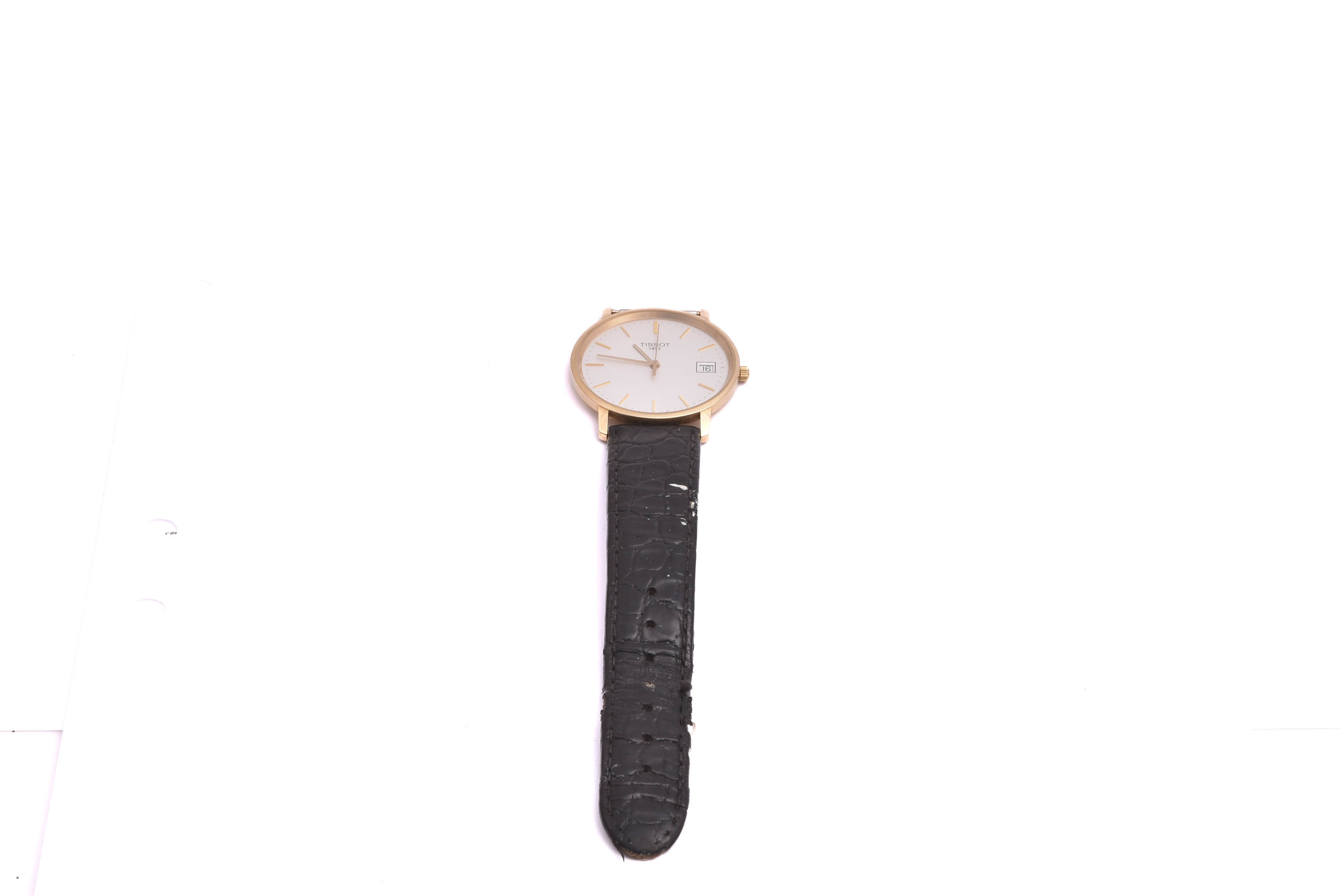 HERRUR TISSOT Q 33,5MM, 14K I BOETTEN (GRAVYR PÅ BAKBOETTEN, LÄDERARMBANDET TRASIGT, BATTERI SLUT)