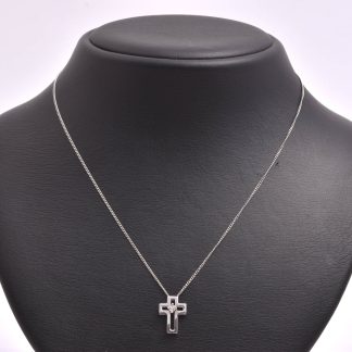 HALSKEDJA VITGULD 39CM, SVENSK IMPORT-STÄMPEL, M HÄNGE VITGULD KORS M ÅTTKANT-SLIPAD DIAMANT, 1,4CM