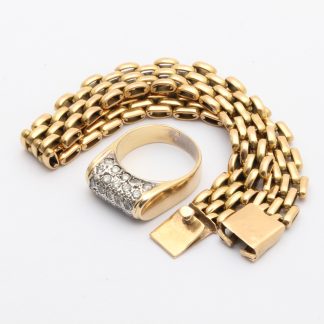 INVESTERINGSGULD - MISSFÄRGAD RING MED NAGGADE DIAMANTER ø 16MM - BUCKLIG OCH OSTÄMPLAD ARMLÄNK 20CM - TOTALVIKT: