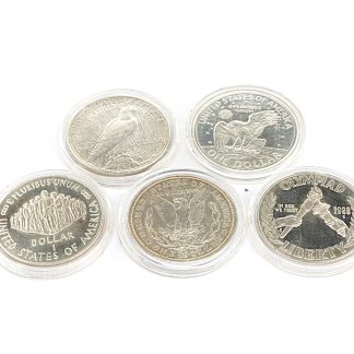 5 SILVERMYNT I PLASTFODRAL: 1 DOLLAR 1921 - 1 DOLLAR 1971 - 1 DOLLAR 1923 - 1 DOLLAR OLYMPIAD 1988 - 1 DOLLAR US CONSTITUTION 1987 - 830-925 SILVER - TOTALVIKT: